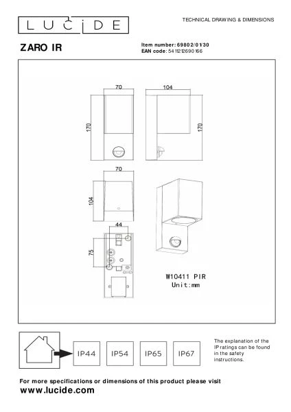 Lucide ZARO IR - Wandspot / Wandlamp Binnen/Buiten - 1xGU10 - IP65 - Beweging & dag/nacht sensor (uitschakelbaar) - Zwart - technisch